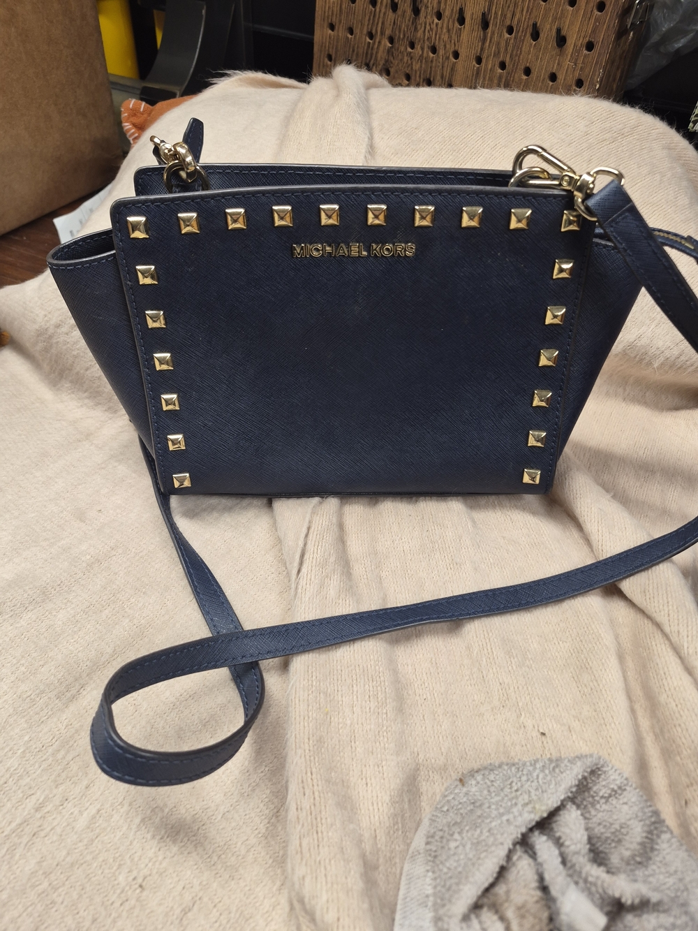 Michael Kors Navy Saffiano Leather Crossbody with Gold Studs